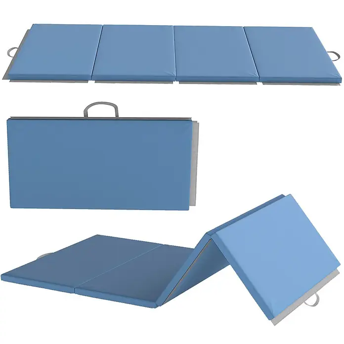 Homcom Universalmatte Gymnastikmatte - 240 x 120 cm, Hellblau, Kunststoff - Blaue gefaltete Gymnastikmatte mit Tragegriffen, entfaltet und gefaltet dargestellt.