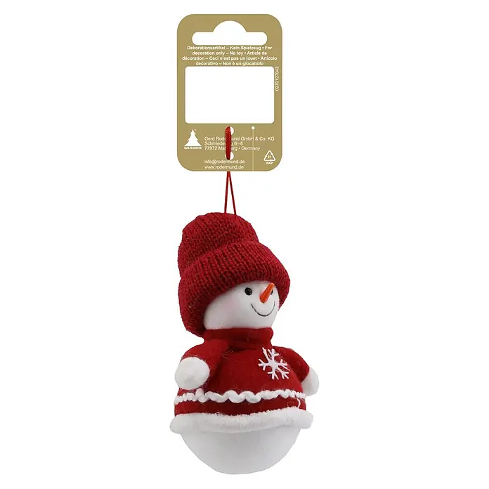 Christbaumschmuck Schneemann - L x B: 10,5 x 7 cm, Filz, Rot - Textiler Schneemann-Anhänger mit roter Strickmütze und rotem Filzoutfit, verziert mit weißer Schneeflocke und Borte, mit roter Aufhängeschnur.