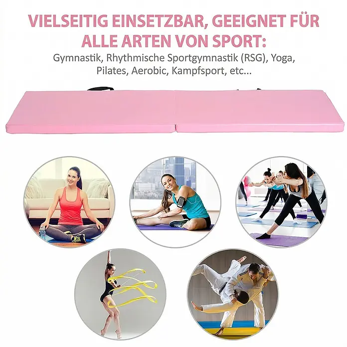 Homcom Universalmatte Gymnastikmatte - 180 x 60 cm, Rosa, Sonstiges - Rosa faltbare Gymnastikmatte, die mit Beispielen für verschiedene Sportarten wie Gymnastik, Yoga und Kampfsport gezeigt wird.