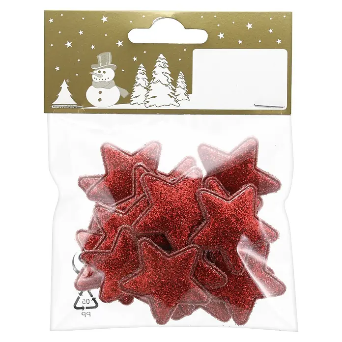 Dekoartikel Stern - Rot, Polyester, Stern, 18 Stk. - Rote Glitzersterne in transparenter Tüte mit weihnachtlicher Kopfkarte mit Schneemann und Bäumen.