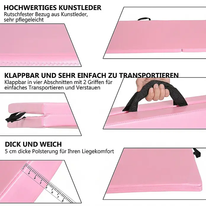 Homcom Universalmatte Gymnastikmatte - 180 x 60 cm, Rosa, Sonstiges - Rosa klappbare Gymnastikmatte aus Kunstleder, 5 cm dick, mit Griffen für einfachen Transport.