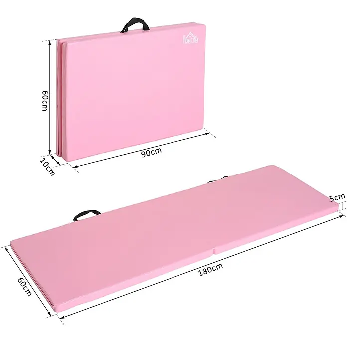 Homcom Universalmatte Gymnastikmatte - 180 x 60 cm, Rosa, Sonstiges - Eine rosafarbene klappbare Gymnastikmatte, gefaltet (60x90x10cm) und ausgeklappt (60x180x5cm) dargestellt.