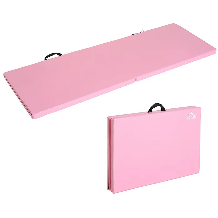 Homcom Universalmatte Gymnastikmatte - 180 x 60 cm, Rosa, Sonstiges - Rosa faltbare Gymnastikmatte mit Griffen, ausgeklappt und gefaltet gezeigt.