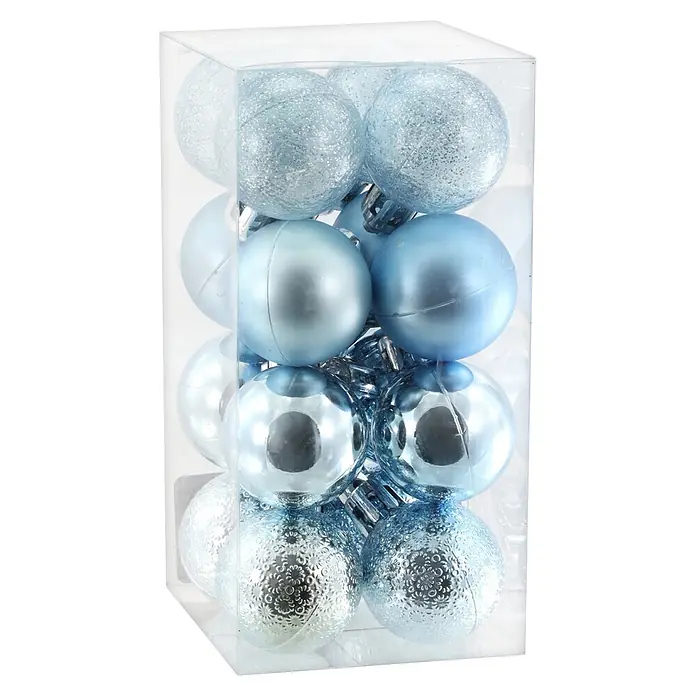 Geroma Christbaumkugel-Set - Türkis, Kunststoff, 16 Stk. - Verschiedene hellblaue und silberne Weihnachtskugeln in Glitzer-, Matt-, Glanz- und Struktur-Optik, verpackt in einer transparenten Kunststoffbox.