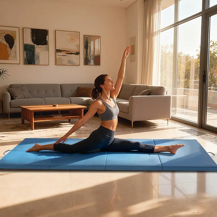 Homcom Universalmatte Gymnastikmatte - 240 x 120 cm, Hellblau, Kunststoff - Blaue Trainingsmatte, von einer Frau beim Spagat in einem hellen Wohnzimmer genutzt.