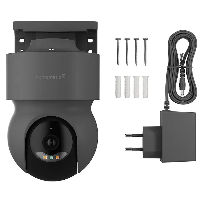 Homematic IP Außenkamera Smart Home HmIP-CO - Anthrazit - Dunkelgraue Homematic IP Überwachungskamera mit Halterung, 4 Schrauben, 4 Dübeln und Netzteil mit Kabel.