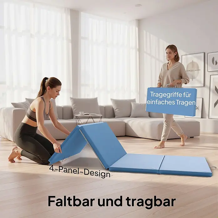 Homcom Universalmatte Gymnastikmatte - 240 x 120 cm, Hellblau, Kunststoff - Blaue faltbare 4-Panel-Matte mit Tragegriffen, im Wohnzimmer gefaltet und getragen.