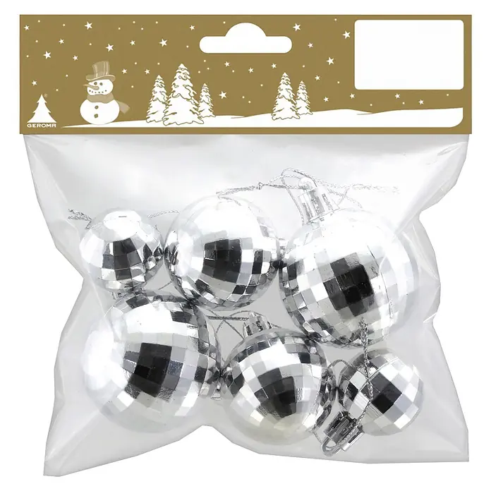 Christbaumschmuck Discokugel - Silber, Kunststoff, 6 Stk., Durchmesser: 3 cm - 5 cm - Packung silberner Diskokugel-Weihnachtskugeln in transparenter Verpackung mit festlichem Header.
