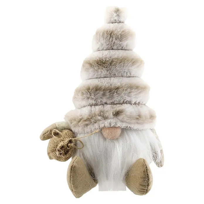 Dekoartikel Wichtel - Beige,Weiß, Textil, Wichtel, Höhe: 22 cm - Weihnachtsgnom-Dekoration mit hohem beigem Kunstfellhut, weißem Bart und kleinem Jutesack.
