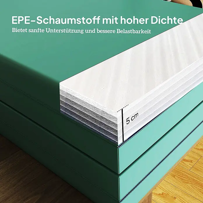Sportnow Universalmatte Gymnastikmatte - Grün, Lila, Kunststoff - Grüne Faltmatte mit aufgeschnittenem Bereich, der 5 cm dicken, mehrlagigen EPE-Schaumstoff zeigt.