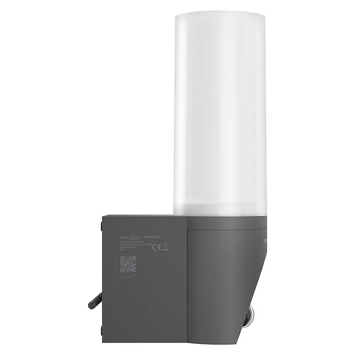 Homematic IP Außenkamera Außenlichtkamera Smart Home HmIP-COL - Anthrazit, Erfassungsreichweite: 120 m - Dunkelgraue Außenleuchte mit Kamera und zylindrischem, durchscheinendem weißem Lampenschirm.