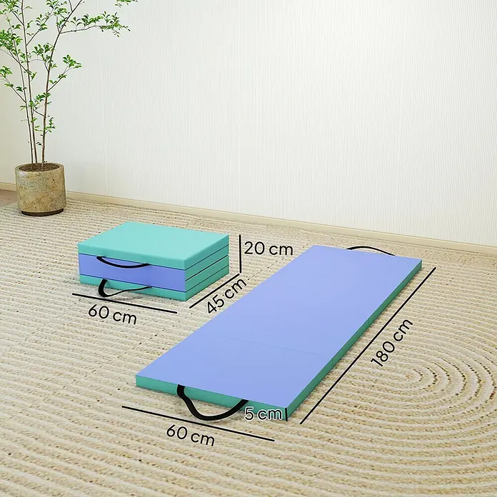 Sportnow Universalmatte Gymnastikmatte - Grün, Lila, Kunststoff - Faltbare Gymnastikmatte in Blau und Grün, gefaltet (60x45x20 cm) und ausgeklappt (180x60x5 cm) dargestellt.