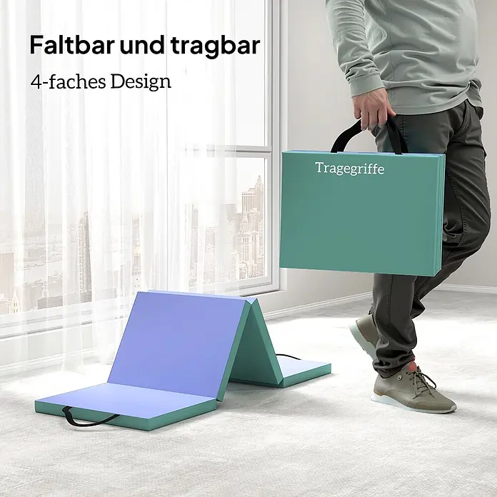 Sportnow Universalmatte Gymnastikmatte - Grün, Lila, Kunststoff - Eine Person trägt eine gefaltete, türkisfarbene 4-fach Matte mit Griff, während eine weitere lila-türkise Matte entfaltet am Boden liegt.