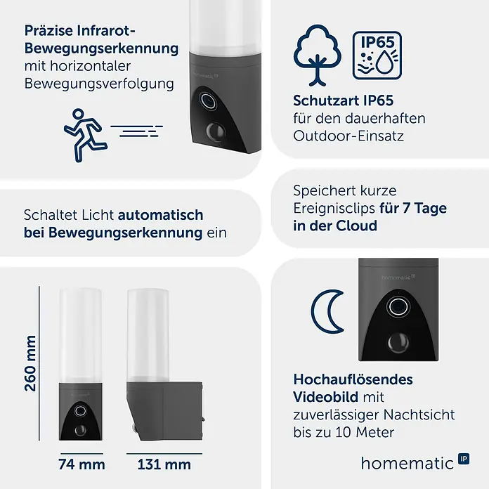 Homematic IP Außenkamera Außenlichtkamera Smart Home HmIP-COL - Anthrazit, Erfassungsreichweite: 120 m - Dunkelgraue intelligente Außenkamera mit Licht, Front- und Seitenansicht mit Maßen 260x74x131 mm.