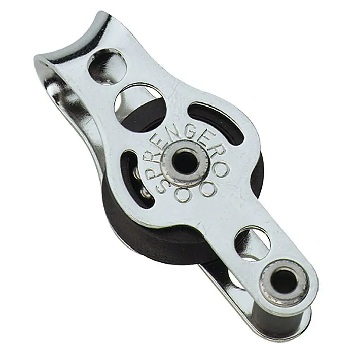 Sprenger Micro-XS-Block - 6 mm, Mit Bügel, Kugellager, 1 Rolle, Hundsfott - Detailaufnahme eines einzelnen Sprenger-Blocks aus Metall und Gummi, ideal für Segelboote und Yachten.