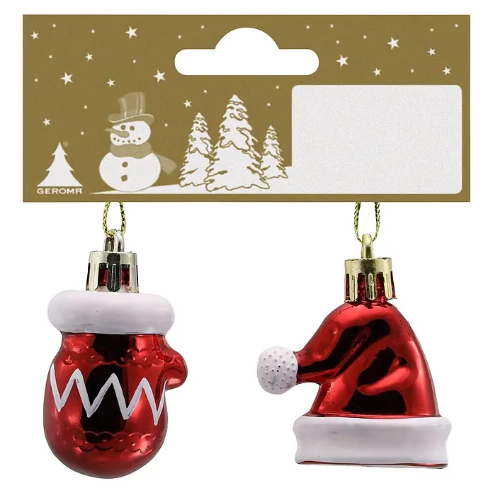 Geroma Christbaumschmuck Fäustlinge - Rot, Weiß, 2 Stk., 3,5 x 2 x 5 cm - Zwei glänzende rote Weihnachtskugeln: ein Fäustling und eine Weihnachtsmütze, an einem goldenen Verpackungsetikett.