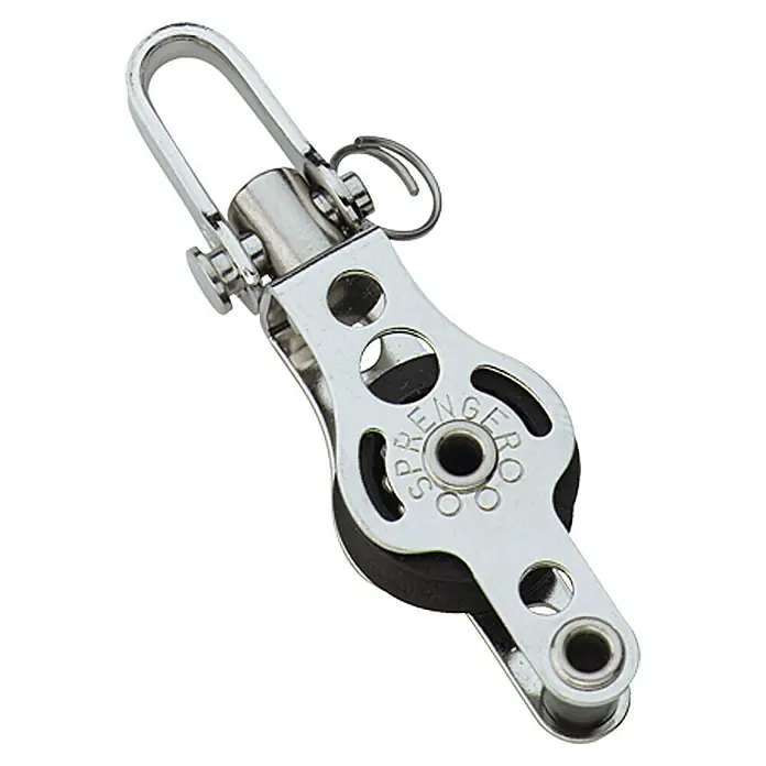 Sprenger Micro-XS-Block - 6 mm, Mit Wirbel, Kugellager, 1 Rolle, Hundsfott - Ein silberner Sprenger Einzelscheibenblock mit Schnappschäkel, ideal für Segelboote, zeichnet sich durch hohe Qualität aus.