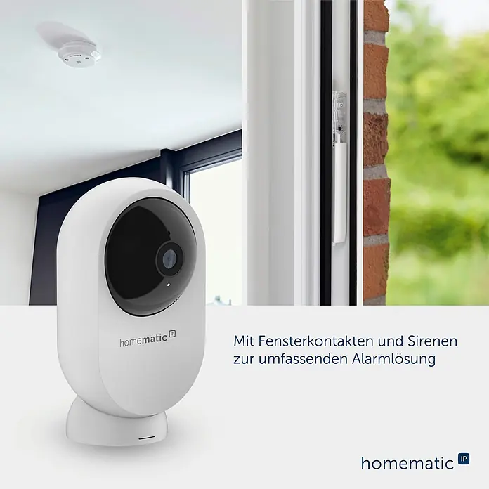 Homematic IP Innenkamera Smart Home HmIP-CI-PL - Weiß - Weiße Homematic IP Kamera, Rauchmelder und Fensterkontakt, Teil einer umfassenden Smart-Home-Alarmlösung.