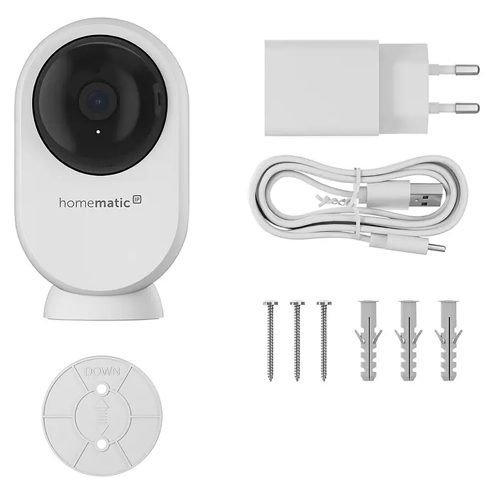 Homematic IP Innenkamera Smart Home HmIP-CI-PL - Weiß - Weiße Homematic IP Überwachungskamera mit Netzteil, USB-Kabel, Montageset und Wandhalterung.