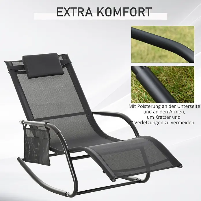 Outsunny Garten-Schaukelstuhl - 1 Stk., Metall, atmungsaktives Mesh, Schwarz - Schwarzer Schaukel-Liegestuhl mit Netzgewebe, Kopfstütze und Seitentasche, der Komfort und schützende Polsterung am Rahmen betont.