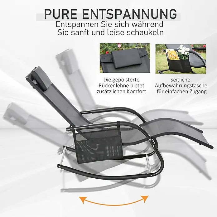 Outsunny Garten-Schaukelstuhl - 1 Stk., Metall, atmungsaktives Mesh, Schwarz - Dunkelgrauer Schaukelsessel mit gepolsterter Kopfstütze und seitlicher Aufbewahrungstasche, schaukelnd dargestellt.