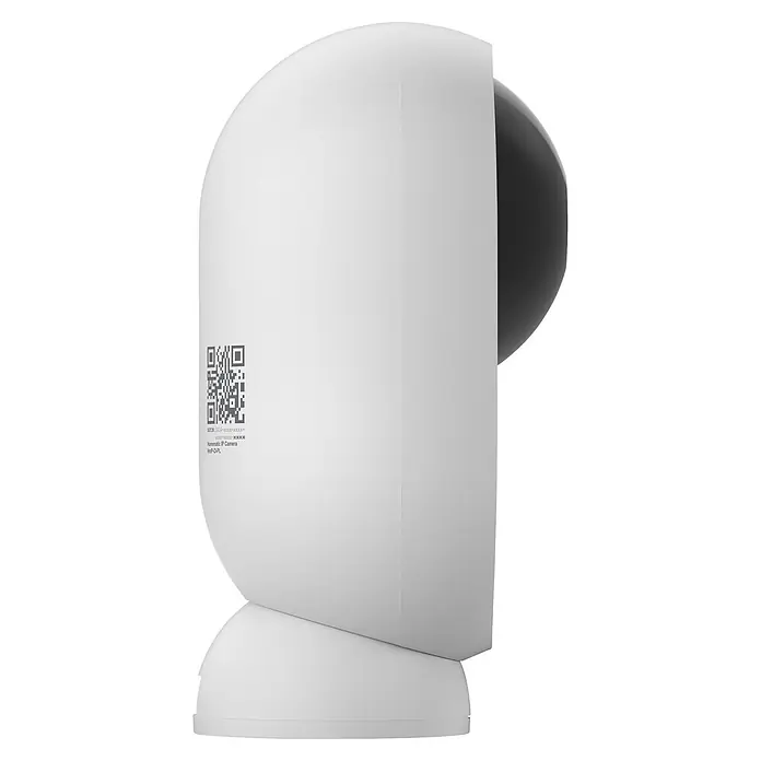 Homematic IP Innenkamera Smart Home HmIP-CI-PL - Weiß - Weiße Homematic IP Überwachungskamera in Seitenansicht mit schwarzem Objektiv. Sie zeigt einen QR-Code und Produktinfos an der Seite.