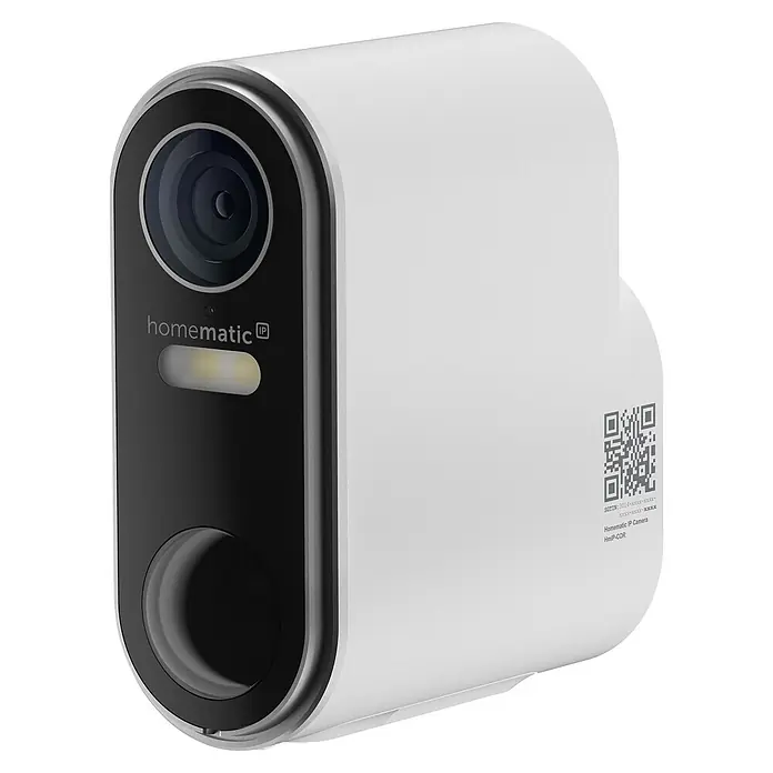 Homematic IP Außenkamera Akku Smart Home HmIP-COR - Weiß, Erfassungswinkel: 110 ° - Weiße Homematic IP Kamera mit schwarzer Frontplatte, Linse und LED-Licht. Ein QR-Code ist an der Seite sichtbar.