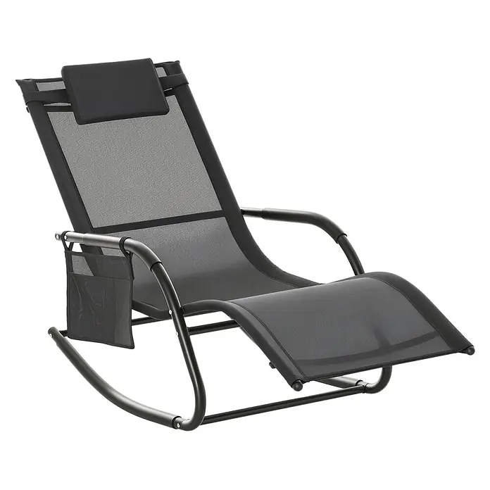 Outsunny Garten-Schaukelstuhl - 1 Stk., Metall, atmungsaktives Mesh, Schwarz - Schwarzer Schaukel-Liegestuhl mit atmungsaktivem Netzgewebe, verstellbarer Kopfstütze und Seitentasche.