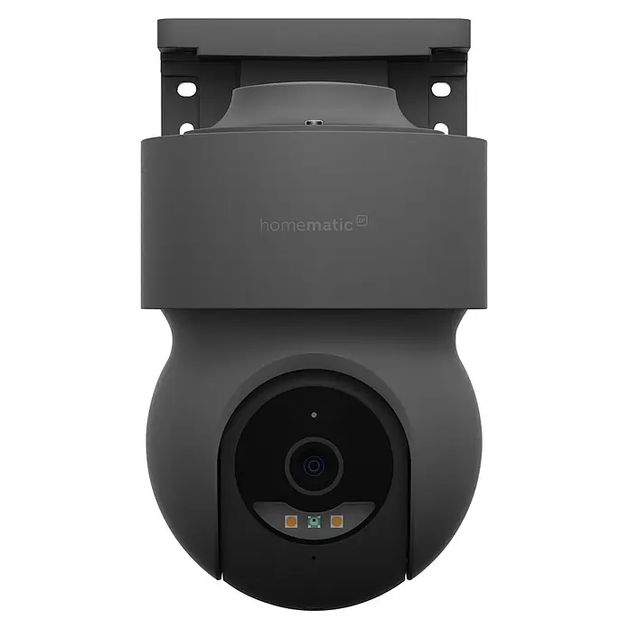 Homematic IP Außenkamera Smart Home HmIP-CO - Anthrazit - Dunkelgraue Homematic IP Überwachungskamera mit Halterung und integriertem Objektiv.
