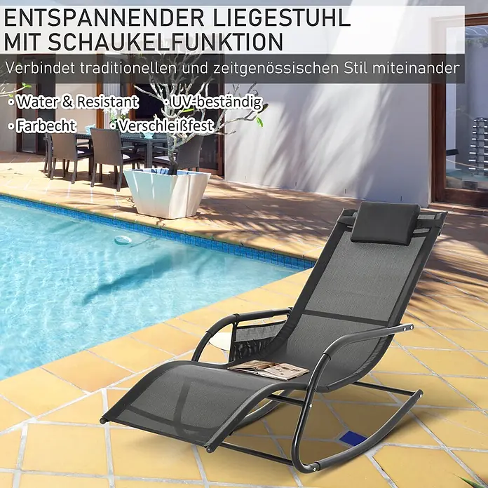 Outsunny Garten-Schaukelstuhl - 1 Stk., Metall, atmungsaktives Mesh, Schwarz - Dunkelgraue Netzstoff-Schaukelliege mit Kopfstütze am Swimmingpool.