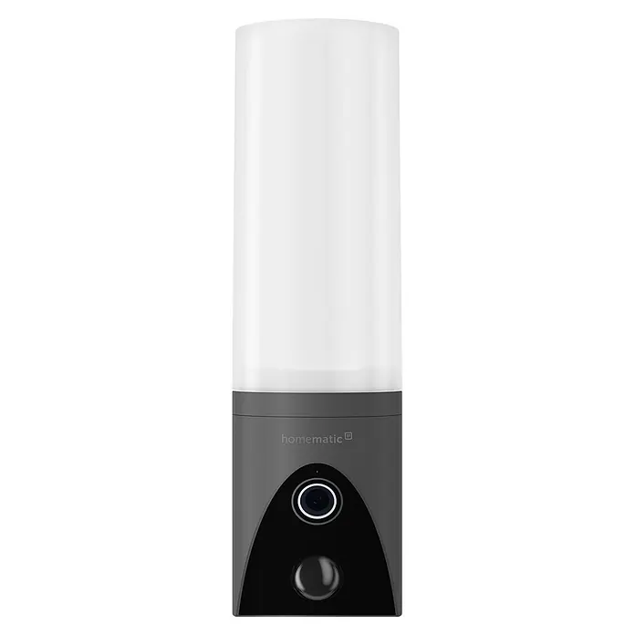 Homematic IP Außenkamera Außenlichtkamera Smart Home HmIP-COL - Anthrazit, Erfassungsreichweite: 120 m - Homematic IP Smart Home Kamera mit zylindrischem, weiß-transluzentem Oberteil und dunkelgrauem Sockel, mit Kameralinse und großem Knopf.