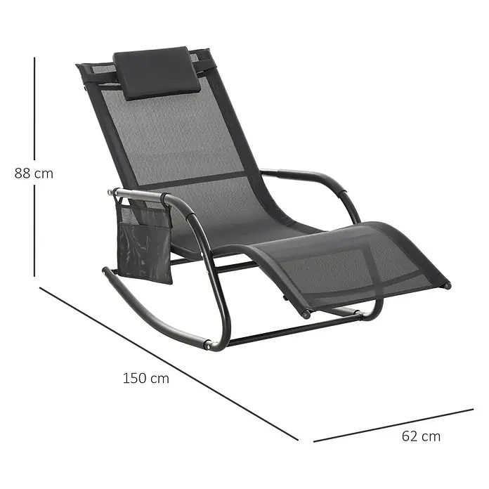 Outsunny Garten-Schaukelstuhl - 1 Stk., Metall, atmungsaktives Mesh, Schwarz - Schwarzer Schaukel-Liegestuhl mit Netzgewebe, Metallgestell, Kopfstütze und Seitentasche zum Entspannen.