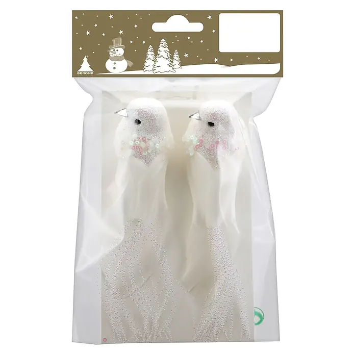 Weihnachtsfigur Vögel - 2 Stk., Weiß mit Glitzer, 15 cm - Zwei weiße Glitzer-Vögel mit Feder-Schwänzen und rosa Pailletten, verpackt mit festlichem Aufhänger.