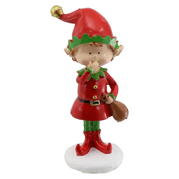 Dekoelement Elf - Höhe: 10,5 cm, Polyresin, Rot - Fröhliche Weihnachtselfenfigur in Rot und Grün, mit goldener Glocke am Hut, Finger am Mund, kleinem braunen Sack und weißem Sockel.