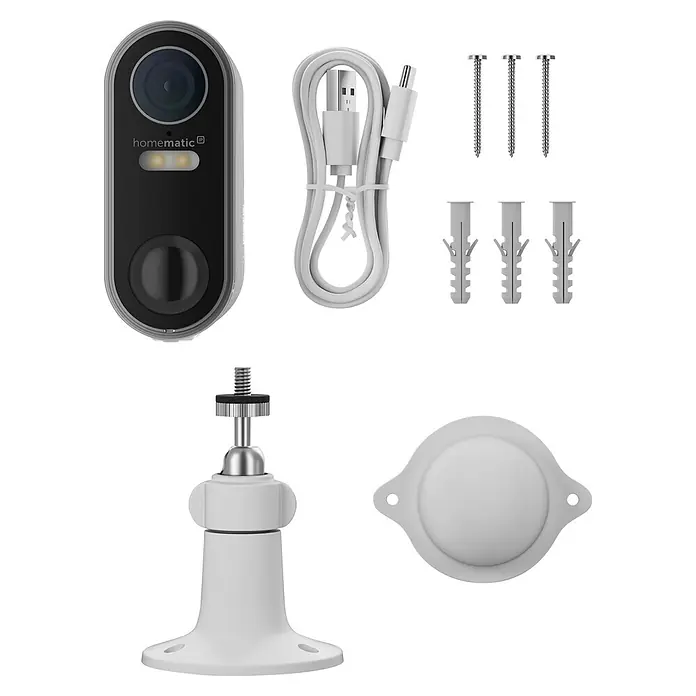 Homematic IP Außenkamera Akku Smart Home HmIP-COR - Weiß, Erfassungswinkel: 110 ° - Homematic IP Smart-Türklingel, weißes USB-Kabel, Montagehalterung, Schrauben und Dübel.