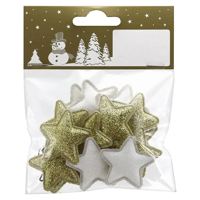 Geroma Christbaumschmuck Sterne - Gold, Weiß, Polyester, 18 Stk. - Klare Tüte mit Sternendekorationen: teils mit Goldglitter, teils aus weißem Stoff, mit goldener Kopfkarte mit Schneemann und Bäumen.