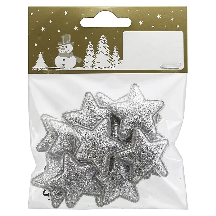 Dekoartikel Stern - Silber, Polyester, Stern, 18 Stk. - Beutel mit silbernen Glitzersternen für Dekoration, mit festlichem goldenem Kopfstück.