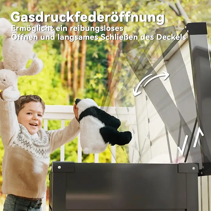 Outsunny Garten-Aufbewahrungsbox - Grau, Stahl - Dunkelgraue Aufbewahrungsbox mit Gasdruckfederdeckel für sanftes Öffnen und Schließen. Ein Kind spielt daneben.