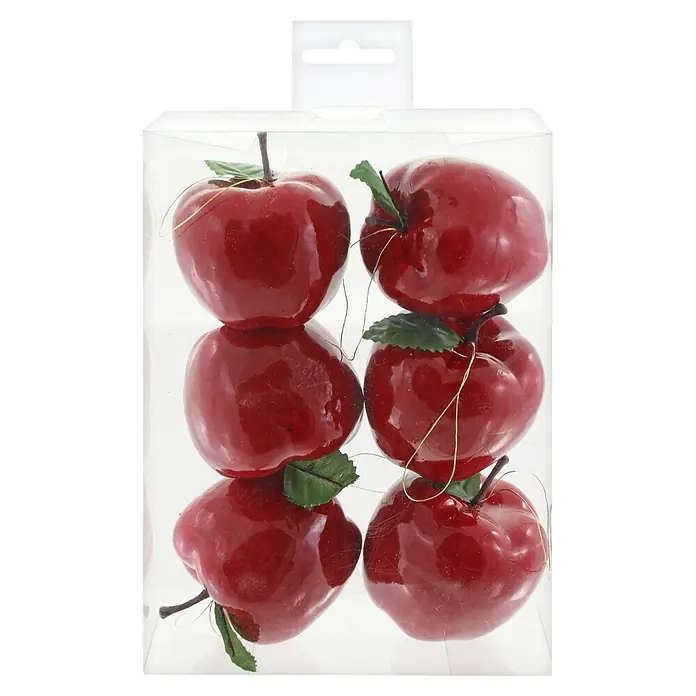 Dekoelement Äpfel - Rot, Kunststoff, Rund, 6 Stk. - Sechs glänzende rote Deko-Äpfel mit Blättern und Stielen in transparenter Plastikverpackung.