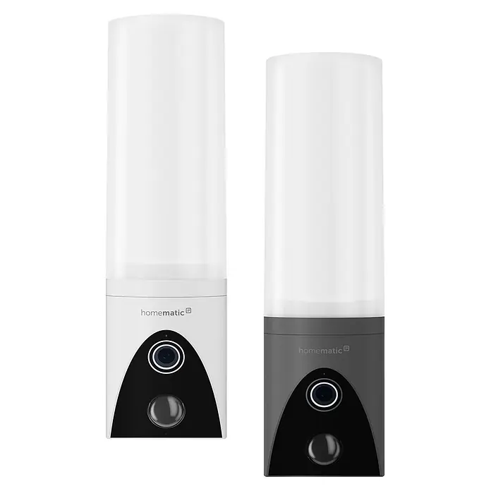 Homematic IP Außenkamera Außenlichtkamera Smart Home HmIP-COL - Weiß, Erfassungsreichweite: 120 m - Zwei smarte Video-Türsprechanlagen, eine weiß, eine dunkelgrau, mit transluzenten Lichtaufsätzen und integrierten Kameras.