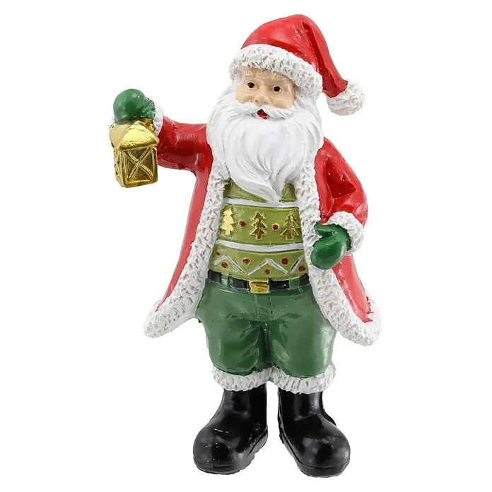 Weihnachtsmann - L x B x H: 6,5 x 4,5 x 11,5 cm, Mehrfarbig - Weihnachtsmann-Figur in rotem Mantel, grüner Hose und weißem Bart, eine goldene Laterne haltend.