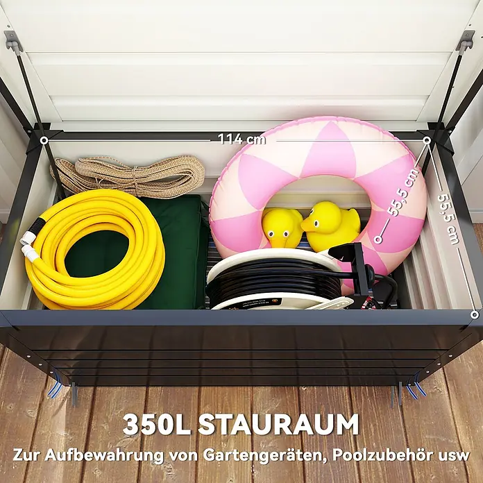 Outsunny Garten-Aufbewahrungsbox - Grau, Stahl - Offene Aufbewahrungsbox mit 350L Volumen, 114cm Breite, 55,5cm Höhe, gefüllt mit Gartengeräten und Poolzubehör.