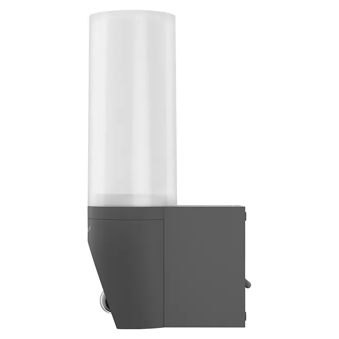 Homematic IP Außenkamera Außenlichtkamera Smart Home HmIP-COL - Anthrazit, Erfassungsreichweite: 120 m - Seitenansicht einer dunkelgrauen rechteckigen Außenleuchte mit einem mattweißen zylindrischen Diffusor oben.