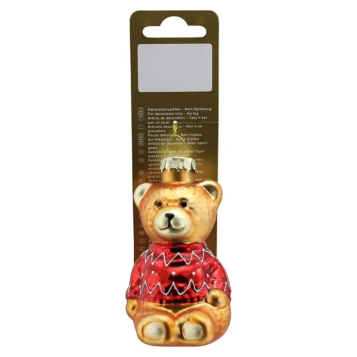 Geroma Christbaumschmuck Bär - Gold, Rot, Glas, 1 Stk., 4,5 x 5 x 10 cm - Weihnachtsbaumschmuck aus Glas, ein goldbrauner Teddybär in rotem Pullover mit weißen Mustern.