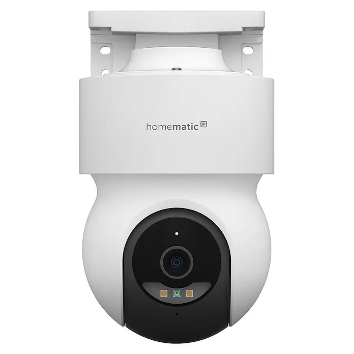 Homematic IP Außenkamera Smart Home HmIP-CO - Weiß - Weiße Homematic IP Überwachungskamera mit schwarzem Objektivmodul und Montagehalterung.