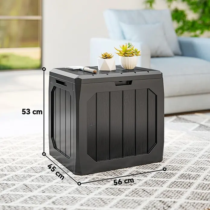 Outsunny Garten-Aufbewahrungsbox - Schwarz, Kunststoff - Dunkelgraue Holzoptik-Aufbewahrungsbox, 56x45x53 cm, als Beistelltisch mit Pflanzen.