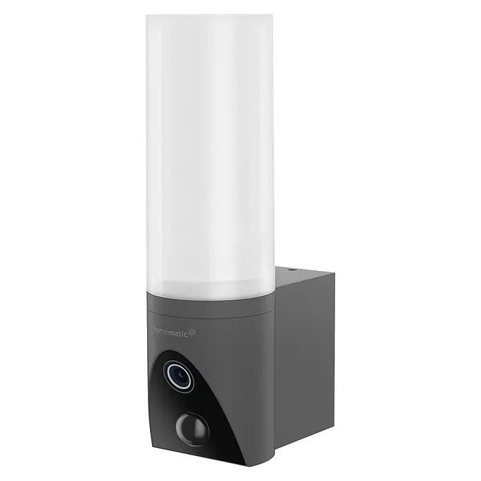 Homematic IP Außenkamera Außenlichtkamera Smart Home HmIP-COL - Anthrazit, Erfassungsreichweite: 120 m - Dunkelgraue Homematic IP Wandleuchte mit weißem zylindrischem Diffusor, integrierter Kamera und Bewegungsmelder.
