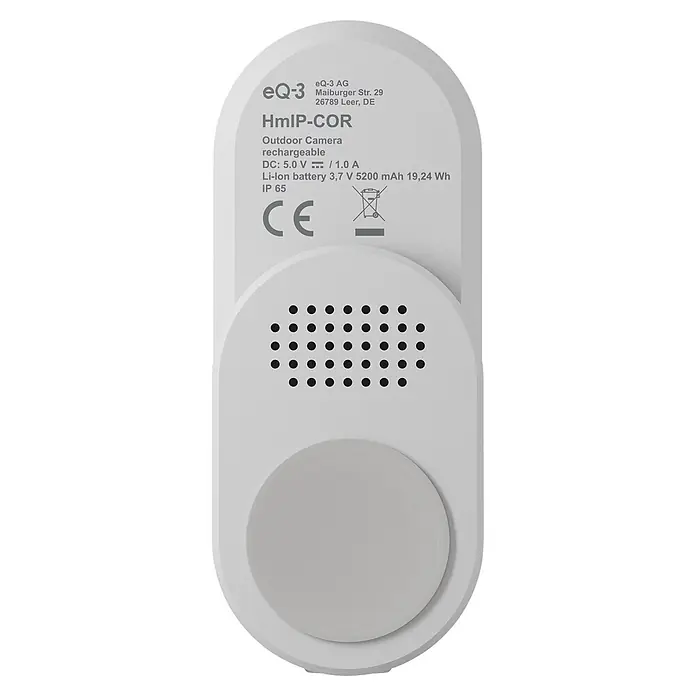 Homematic IP Außenkamera Akku Smart Home HmIP-COR - Weiß, Erfassungswinkel: 110 ° - Weiße, abgerundete Außenkamera mit Produktdetails, Lautsprechergittern und einem runden Sensor/Taster.