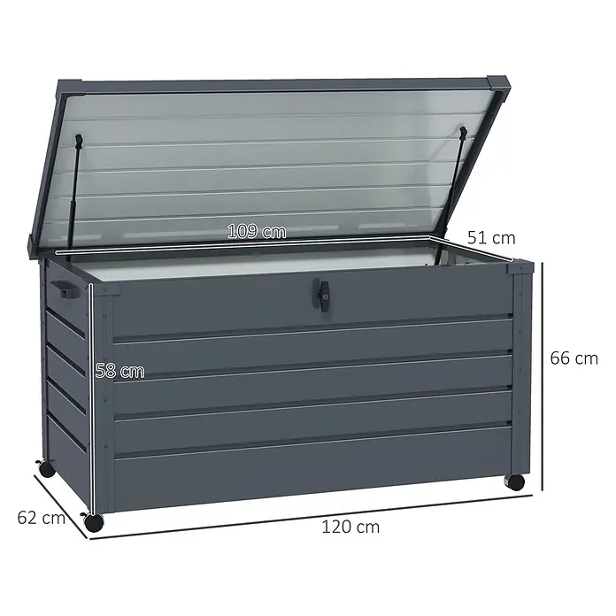 Outsunny Garten-Aufbewahrungsbox - Dunkelgrau, Stahl - Dunkelgraue Outdoor-Aufbewahrungsbox mit geöffnetem Deckel, Griffen und Rollen, die ihre Abmessungen zeigt.