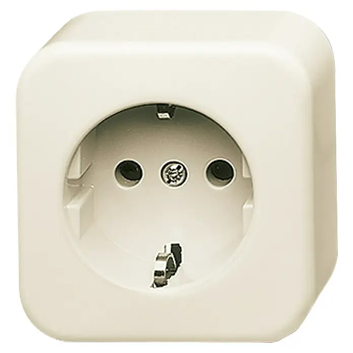 Busch-Jaeger Duro 2000 AP Steckdose 2300 EAP-09-503 - Elektroweiß, Kunststoff, Aufputzmontage - Nahaufnahme einer Schuko-Steckdose, die für ihre robuste Bauweise und einfache Handhabung bekannt ist. Ideal für den alltäglichen Gebrauch.
